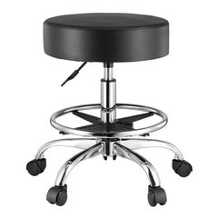 Round Rolling Stool, Leather Rolling Stool with Footrest, 360° Swivel Drafting Stool with Thickened Cushion, Height Adjustable Rolling Work SPA Tattoo Stool, for Office, Home, Salon & Bar Black