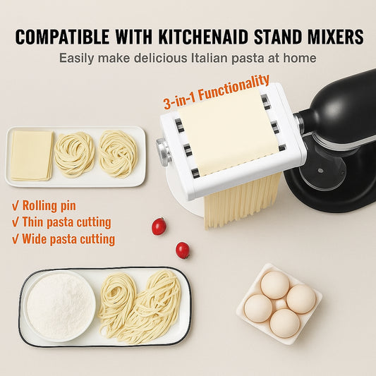 Pasta Attachment for KitchenAid Stand Mixer, 3-IN-1 Stainless Steel Pasta Roller Cutter Set Including Pasta Sheet Roller, Spaghetti and Fettuccine Cutter, 8 Adjustable Thickness Knob Pasta Maker