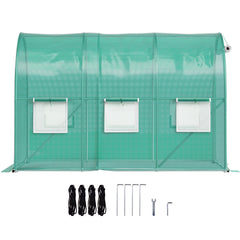 Walk-in Tunnel Greenhouse, 3 x 2 x 2 m, Portable Plant Hot House with Galvanised Steel Frame, 1 Top Bar, Diagonal Poles, Zipper Door and 6 Roll-Up Windows, Green