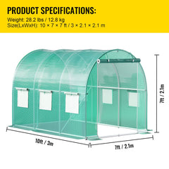Walk-in Tunnel Greenhouse, 3 x 2 x 2 m, Portable Plant Hot House with Galvanised Steel Frame, 1 Top Bar, Diagonal Poles, Zipper Door and 6 Roll-Up Windows, Green