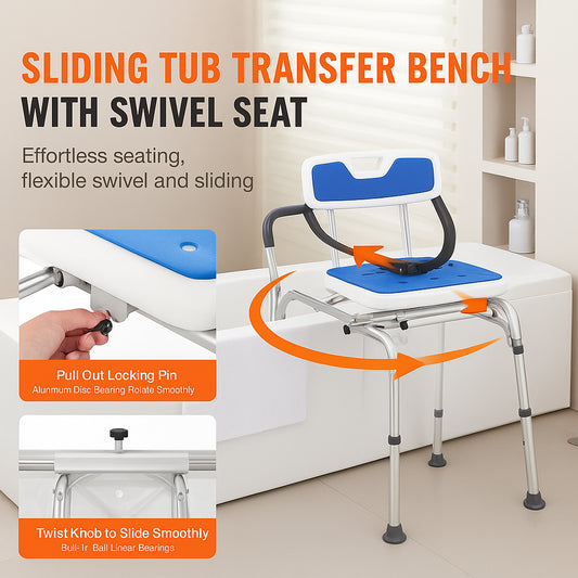 Sliding Tub Transfer Bench with 360 Degree Swivel Seat, Height Adjustable Bathtub Transfer Bench with Armrest & Safety Belt, Non-Slip Rotating Shower Chair for Elderly Disabled, 400LBS Capacity