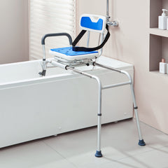 Sliding Tub Transfer Bench with 360 Degree Swivel Seat, Height Adjustable Bathtub Transfer Bench with Armrest & Safety Belt, Non-Slip Rotating Shower Chair for Elderly Disabled, 400LBS Capacity