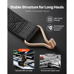 Ladder Rack Ratchet Straps, 47.6-50.8 mm Black Round Tube Mount, 38 mm Wide x 2.25 m Long Black Ladder Rack Straps with Double J-Hooks, 226.8 kg Load Heavy Duty, Cargo Buckle Lock Strap (4 Pack)