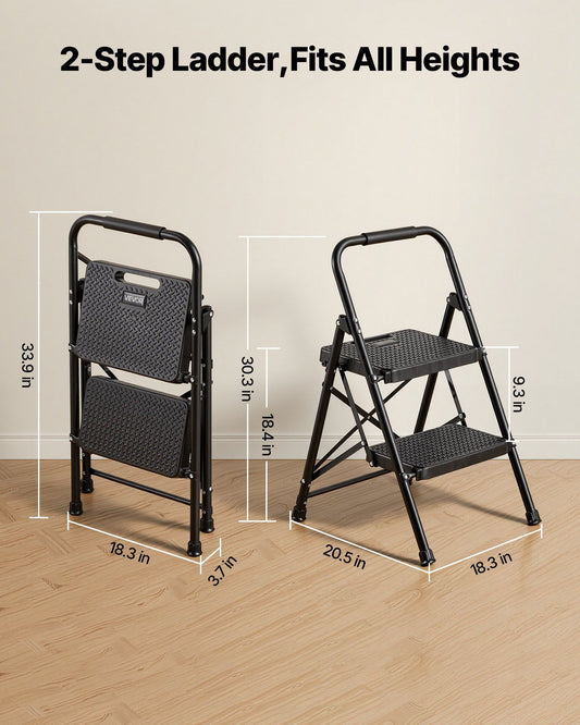 2 Step Ladder, Folding Step Stool with Wide Anti-Slip Pedal and Comfort Handgrip, Lightweight 272 kg Capacity Portable Steel Ladder, Multi-Use for Kitchen, Home, Household and Office, Black