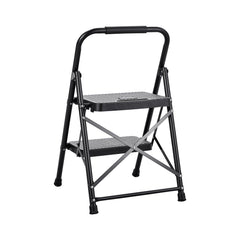2 Step Ladder, Folding Step Stool with Wide Anti-Slip Pedal and Comfort Handgrip, Lightweight 272 kg Capacity Portable Steel Ladder, Multi-Use for Kitchen, Home, Household and Office, Black