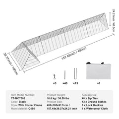 Chicken Tunnels, 400x100x61.5 cm(LxWxH) Chicken Tunnels for Yard, Portable Chicken Tunnels for Outside with Corner Frames, Chicken Coop Run, Suitable for Chickens, Ducks, Rabbits