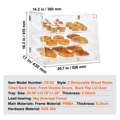 Pastry Display Case, 3-Tier Commercial Countertop Bakery Display Case, Acrylic Display Box with Rear Door Access & Removable Shelves, Keep Fresh for Donut Bagels Cake Cookie