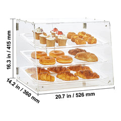 Pastry Display Case, 3-Tier Commercial Countertop Bakery Display Case, Acrylic Display Box with Rear Door Access & Removable Shelves, Keep Fresh for Donut Bagels Cake Cookie
