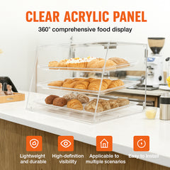 Pastry Display Case, 3-Tier Commercial Countertop Bakery Display Case, Acrylic Display Box with Rear Door Access & Removable Shelves, Keep Fresh for Donut Bagels Cake Cookie