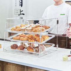 Pastry Display Case, 3-Tier Commercial Countertop Bakery Display Case, Acrylic Display Box with Rear Door Access & Removable Shelves, Keep Fresh for Donut Bagels Cake Cookie