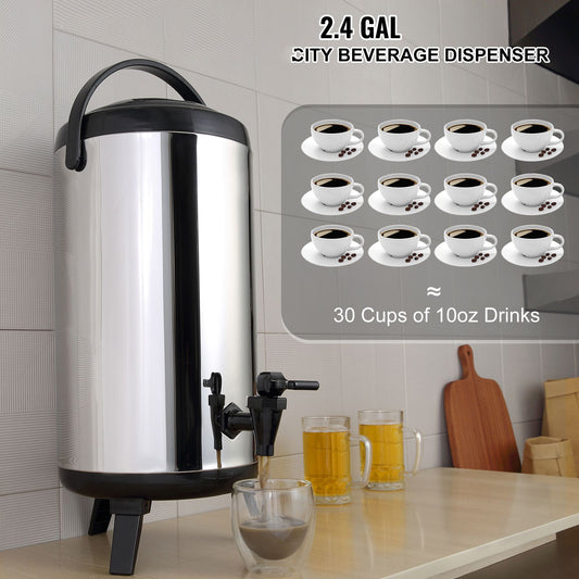 Stainless Steel Insulated Beverage Dispenser, 9.2 Liter, Thermal Hot and Cold Drink Server Dispenser with Spigot Handle, Food-grade for Hot Tea Coffee Water Restaurant Drink Shop