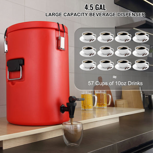 Stainless Steel Insulated Beverage Dispenser, 17.2 Liter, Thermal Hot and Cold Drink Server Dispenser with Spigot Handle, Food-grade for Hot Tea Coffee Water Restaurant Drink Shop