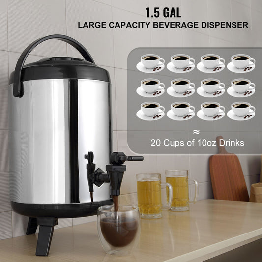 Stainless Steel Insulated Beverage Dispenser, 6 Liter, Thermal Hot and Cold Drink Server Dispenser with Spigot Handle, Food-grade for Hot Tea Coffee Water Restaurant Drink Shop
