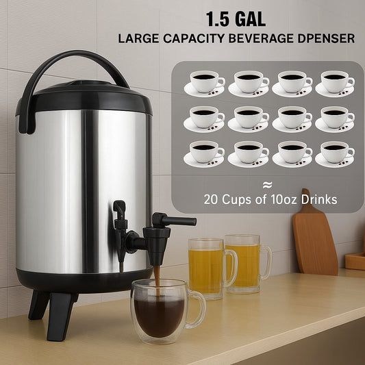 Stainless Steel Insulated Beverage Dispenser, 6 Liter, Thermal Hot and Cold Drink Server Dispenser with Spigot Handle, Food-grade for Hot Tea Coffee Water Restaurant Drink Shop