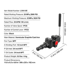 Hydraulic Log Splitter Valve 1 Spool, 25 GPM Hydraulic Directional Control Valve, 3626PSI Hydraulic Loader Valve, Hydraulic Joystick Control Valve for Small Tractors, Loaders, Log Splitter