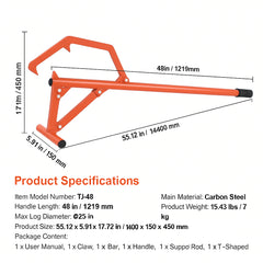 Timberjack, 46.5 in, Heavy Duty Steel Log Roller, Log Lifter with Adjustable Cant Hook, Logging Tools Log Jack for Logs Ups to 25" Dia, Timber Jack for Rolling Cutting and Lifting Logs