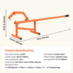 Timberjack, 46.5 in, Heavy Duty Steel Log Lifter, Log Roller with Adjustable Cant Hook, Logging Tools Log Jack for Logs Ups to 15" Dia, Timber Jack for Rolling Cutting Lifting Logs