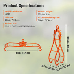 Timber Claw Hook, 28 inch 4 Claw Log Grapple for Logging Tongs, Swivel Steel Log Lifting Tongs, Eagle Claws Design with 2205 lbs/1000 kg Loading Capacity for Tractors, ATVs, Trucks, Forklifts