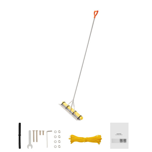 Landscape Rake, 914 mm Wide Head 2590 mm Handle, Large Heavy Duty Aluminum Landscaping Leaf Rake Tool, Asphalt Level for Loosening Soil, Garden & Yard, Pond Gravel & Beach Lawn Care, 15.8m Rope