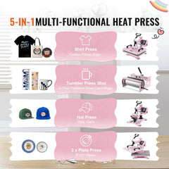 Heat Press Machine 12x15 in 5 in 1 with 30oz Tumbler Press T-Shirts Pink