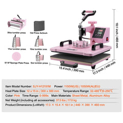 Heat Press Machine 12x15 in 8 in 1 with 30oz Tumbler Press T-Shirts Pink