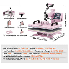 Heat Press Machine 12x15 in 8 in 1 with 30oz Tumbler Press T-Shirts Pink