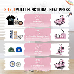 Heat Press Machine, 15 x 15 inch, 5 in 1 Heat Transfer Machine with 30 oz Tumbler Press, 360° Swing Away T-Shirt Pressing, Digital Precise Control, for T-Shirts/Mugs/Hats/Plates, Pink