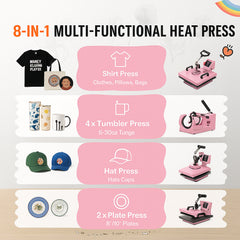 Heat Press Machine, 15 x 15 inch, 5 in 1 Heat Transfer Machine with 30 oz Tumbler Press, 360° Swing Away T-Shirt Pressing, Digital Precise Control, for T-Shirts/Mugs/Hats/Plates, Pink