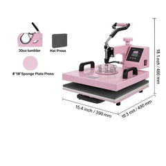 Heat Press Machine, 15 x 15 inch, 5 in 1 Heat Transfer Machine with 30 oz Tumbler Press, 360° Swing Away T-Shirt Pressing, Digital Precise Control, for T-Shirts/Mugs/Hats/Plates, Pink