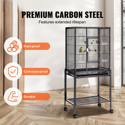 54 inch Standing Large Bird Cage, Carbon Steel Flight Bird Cage for Parakeets, Cockatiels, Parrots, Macaw with Rolling Stand and Tray