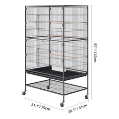 52 inch Standing Large Bird Cage, Carbon Steel Flight Bird Cage for Parakeets, Cockatiels, Parrots, Macaw with Rolling Stand and Tray