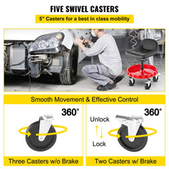 Shop Stool, 135 kg Rolling Garage Stool, 56 cm to 66 cm Adjustable Height Mobile Rolling Gear Seat, Round Tray Garage Pneumatic Stool, All-Terrain 12.7 cm Casters with Two Brakes Mechanic Seat