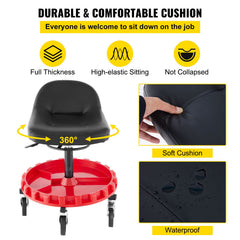 Shop Stool, 135 kg Rolling Garage Stool, 56 cm to 66 cm Adjustable Height Mobile Rolling Gear Seat, Round Tray Garage Pneumatic Stool, All-Terrain 12.7 cm Casters with Two Brakes Mechanic Seat