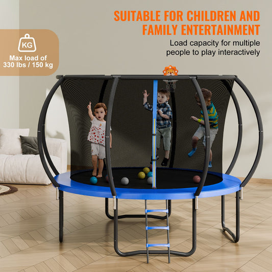 10FT Trampoline, 330 lbs Trampoline with Enclosure Net, Ladder, and Curved Pole, Heavy Duty Trampoline with Jumping Mat and Spring Cover Padding, Outdoor Recreational Trampolines for Kids Adults