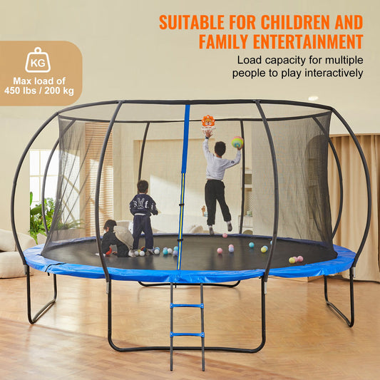 14FT Trampoline, 450 lbs Trampoline with Enclosure Net, Ladder, and Curved Pole, Heavy Duty Trampoline with Jumping Mat and Spring Cover Padding, Outdoor Recreational Trampolines for Kids Adults