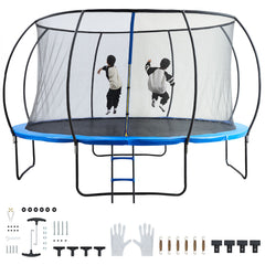 14FT Trampoline, 450 lbs Trampoline with Enclosure Net, Ladder, and Curved Pole, Heavy Duty Trampoline with Jumping Mat and Spring Cover Padding, Outdoor Recreational Trampolines for Kids Adults