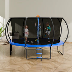 14FT Trampoline, 450 lbs Trampoline with Enclosure Net, Ladder, and Curved Pole, Heavy Duty Trampoline with Jumping Mat and Spring Cover Padding, Outdoor Recreational Trampolines for Kids Adults