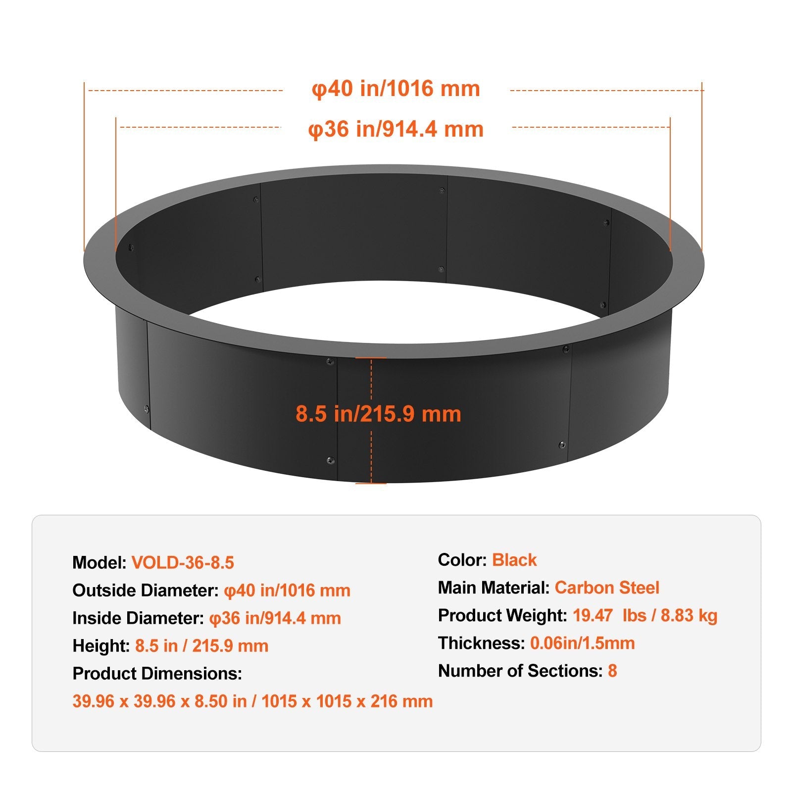 Black metal fire pit ring with dimensions and VEVOR branding on a white background