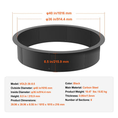 Black metal fire pit ring with dimensions and VEVOR branding on a white background