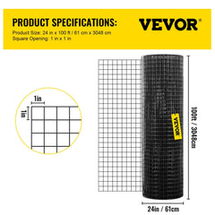 Hardware Cloth, 24" x 100' & 1"x1" Mesh Size, Galvanized Steel Vinyl Coated 16 Gauge Chicken Wire Fencing with A Cutting Plier & A Pair of Fabric Gloves, for Garden Fencing & Pet Enclosures,