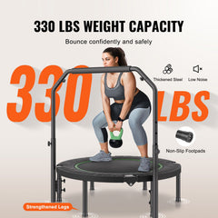 Foldable Mini Trampoline, 40 Inch Fitness Rebounder, Max Load 330lbs Exercise Trampoline, Stable & Quiet Trampoline with 4 Level Height Adjustable Foam Handle, for Adults Indoor/Garden Workout