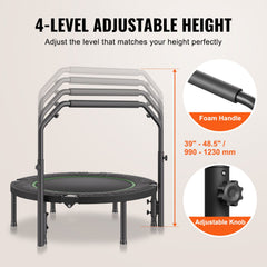 Foldable Mini Trampoline, 40 Inch Fitness Rebounder, Max Load 330lbs Exercise Trampoline, Stable & Quiet Trampoline with 4 Level Height Adjustable Foam Handle, for Adults Indoor/Garden Workout