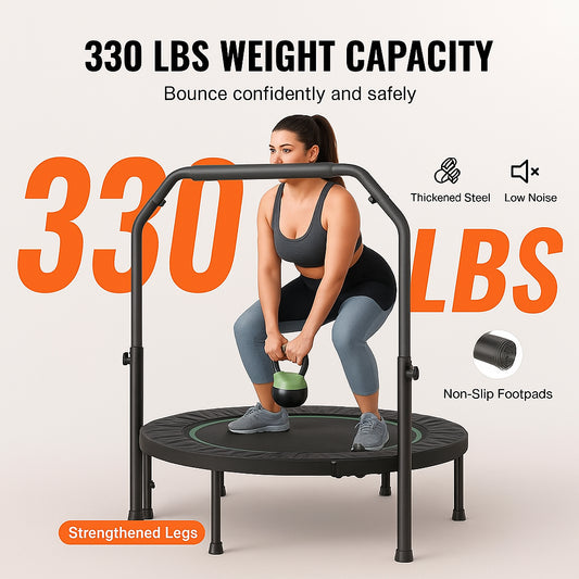 Foldable Mini Trampoline, 40 Inch Fitness Rebounder, Max Load 330lbs Exercise Trampoline, Stable & Quiet Trampoline with 4 Level Height Adjustable Foam Handle, for Adults Indoor/Garden Workout