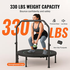 Foldable Mini Trampoline, 40 Inch Fitness Rebounder, Max Load 330lbs Exercise Trampoline, Stable & Quiet Trampoline with 4 Level Height Adjustable Foam Handle, for Adults Indoor/Garden Workout