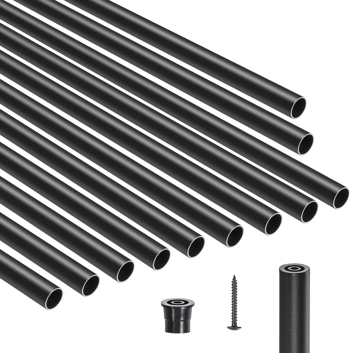 Staircase Balusters 101 Pack, 660 mm Aluminum Stair Balusters, 19 mm Water-Proof Round Metal Spindle Railing, Hollow Deck Railing with Rail Caps & Screws for Stairs, Porch, Patio, Matte Black