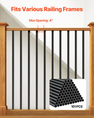 Staircase Balusters 101 Pack, 660 mm Aluminum Stair Balusters, 19 mm Water-Proof Round Metal Spindle Railing, Hollow Deck Railing with Rail Caps & Screws for Stairs, Porch, Patio, Matte Black