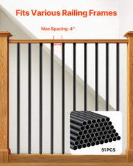 Staircase Balusters 51 Pack, 660 mm Aluminum Stair Balusters, 19 mm Water-Proof Round Metal Spindle Railing, Hollow Deck Railing with Rail Caps & Screws for Stairs, Porch, Patio, Fence, Black
