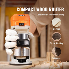Wood Router, 1.25HP 800W, Compact Wood Trimmer Router Tool, 30000RPM Max Speed 6 Variable Speeds, with 1/4'' & 5/16'' Collets 12 PCs Milling Cutters Dust Hood, for Woodworking Slotting Trimming