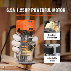 Wood Router, 1.25HP 800W, Compact Wood Trimmer Router Tool, 30000RPM Max Speed 6 Variable Speeds, with 1/4'' & 5/16'' Collets 12 PCs Milling Cutters Dust Hood, for Woodworking Slotting Trimming