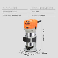Wood Router, 1.25HP 800W, Compact Wood Trimmer Router Tool, 30000RPM Max Speed 6 Variable Speeds, with 1/4'' & 5/16'' Collets 12 PCs Milling Cutters Dust Hood, for Woodworking Slotting Trimming